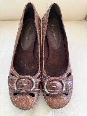 BareTraps Brown Leather Wedge Flats with Buckle Accent